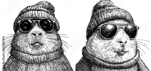 Modern illustration of the black and white engrave of an isolated guinea pig