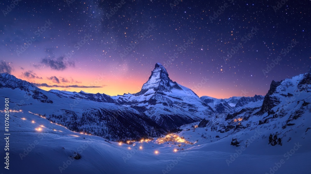 Snowy Mountain Peak Under a Starry Sky Snowy Mountain Peak Under a Starry Sky