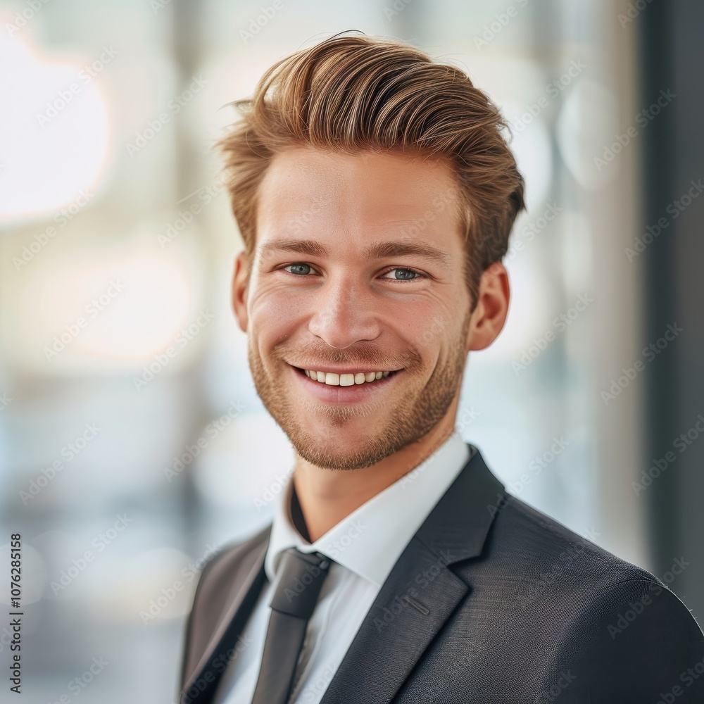 Confident German finance manager in his 30s smiling at the office Confident German finance manager in his 30s smiling at the office