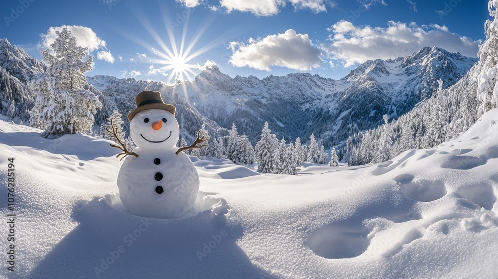 Obraz premium Festive panoramic winter scene featuring a cheerful snowman in a snowy landscape with frosted trees and sparkling white snow, capturing the joyful spirit of christmas and the magic of the holiday seas