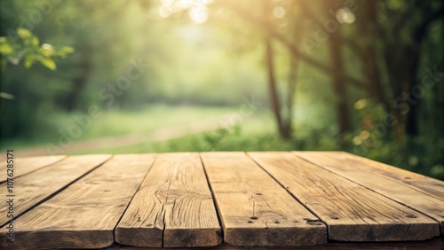 Vintage Style Photography of an Empty Wooden Table with Soft Blurred Green Background for Rustic Decor, Product Displays, and Natural Atmosphere Aesthetic