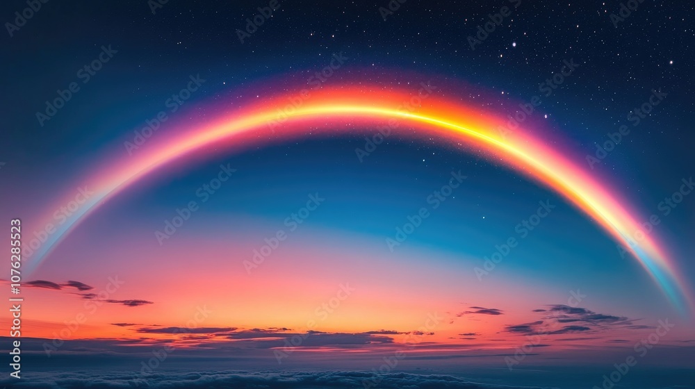 Vibrant and Majestic Rainbow Arching Across a Serene Sunset Sky with Stars Sparkling in the Background, Illuminating the Calm Atmosphere of Nature's Splendor Vibrant and Majestic Rainbow Arching Across a Serene Sunset Sky with Stars Sparkling in the Background, Illuminating the Calm Atmosphere of Nature's Splendor