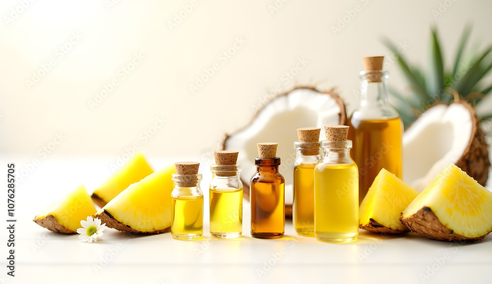 Collection of essential oil bottles with coconut and pineapple slices on bright background
