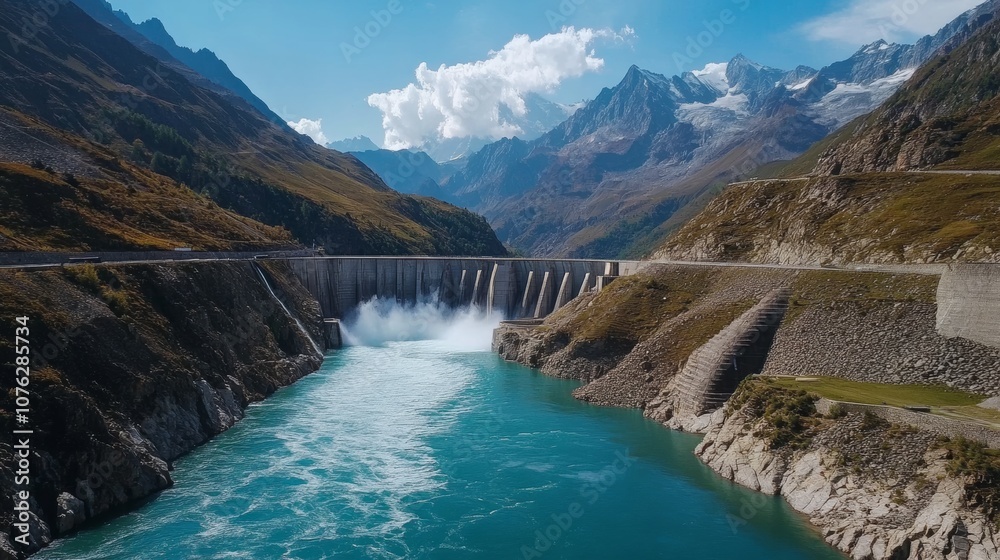 A water flow dam used for electricity production, emphasizing its role in generating renewable energy through hydropower A water flow dam used for electricity production, emphasizing its role in generating renewable energy through hydropower
