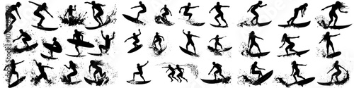 The silhouettes in this set show a surfer riding a surfboard and surfing the waves in high definition