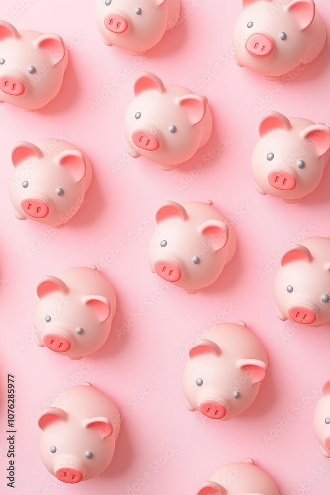 A row of pink piggy banks are lined up on a pink background. The piggy banks are all the same size and shape, and they are all facing the same direction. Scene is cheerful and playful A row of pink piggy banks are lined up on a pink background. The piggy banks are all the same size and shape, and they are all facing the same direction. Scene is cheerful and playful
