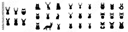 Graphite silhouettes of forest wildlife animals, isolated on white