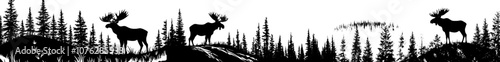 The silhouette of wild deer and forest fir trees is isolated on white and represents a camping wildlife landscape panorama illustration icon