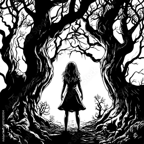 An illustration of a girl walking in the dark forest in black and white