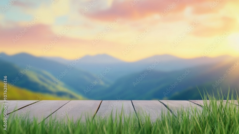 Obraz premium Sunrise over serene mountains with a wooden deck in the foreground, AI