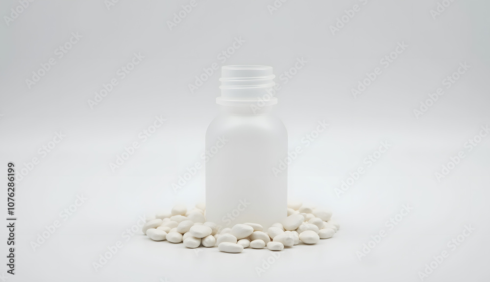Empty frosted bottle surrounded by white stones on light background with copy space Empty frosted bottle surrounded by white stones on light background with copy space