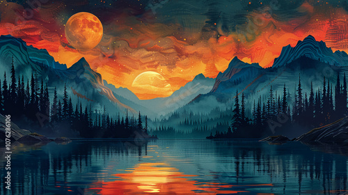 Majestic Mountain Landscape Under Double Suns With Autumn Foliage