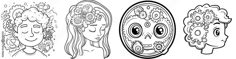 Isolated on white background, modern illustration of a head gear technology logo, cogwheel engineering technology inside the brain, stock image, cogwheel engineering technology inside brain Isolated on white background, modern illustration of a head gear technology logo, cogwheel engineering technology inside the brain, stock image, cogwheel engineering technology inside brain