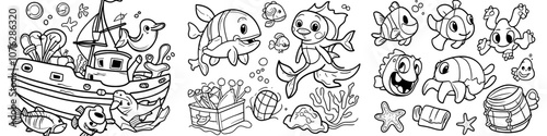 A set of seven games centered around the theme of the sea. For kids, this set includes a game and coloring pages. French language. Modern illustration. Set No. 2.