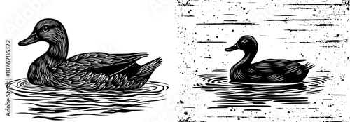 In this case, the duck is on the water and has his head crowned by a duck head, modern illustrations, SVG