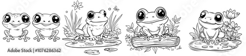 Illustration of a frog in black and white. Children's black and white coloring book for frogs.