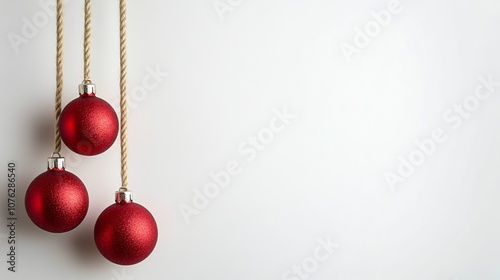 Red christmas balls hanging on a rope over white background, festive holiday decorations for a cheerful seasonal atmosphere photo