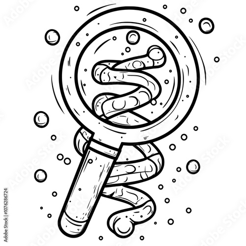 Black thin line art illustration of Search DNA icon.