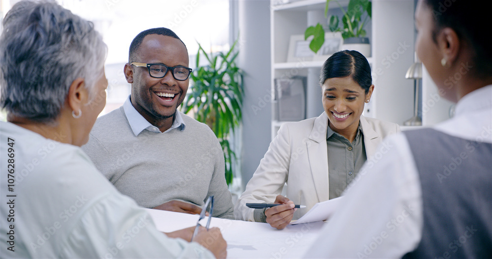 Obraz premium Laugh, business people and team meeting, discussion or planning with paper in creative startup. Happy group, funny joke or brainstorming ideas in collaboration on campaign project, design or strategy