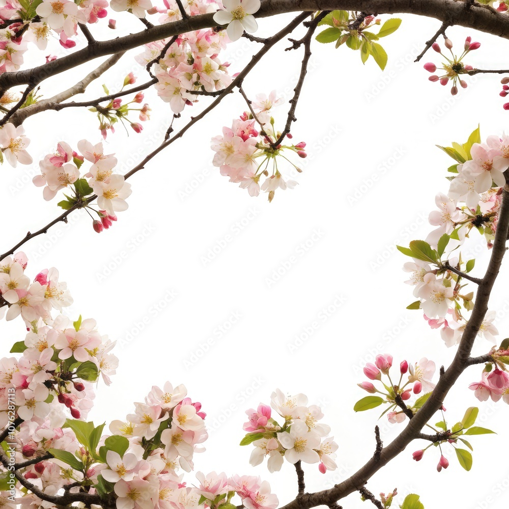 Blooming Tree Branch Overlay With Delicate Flowers Against a Bright Background. Generative AI Blooming Tree Branch Overlay With Delicate Flowers Against a Bright Background. Generative AI