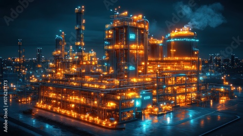 Illuminated industrial complex at night with glowing structures.