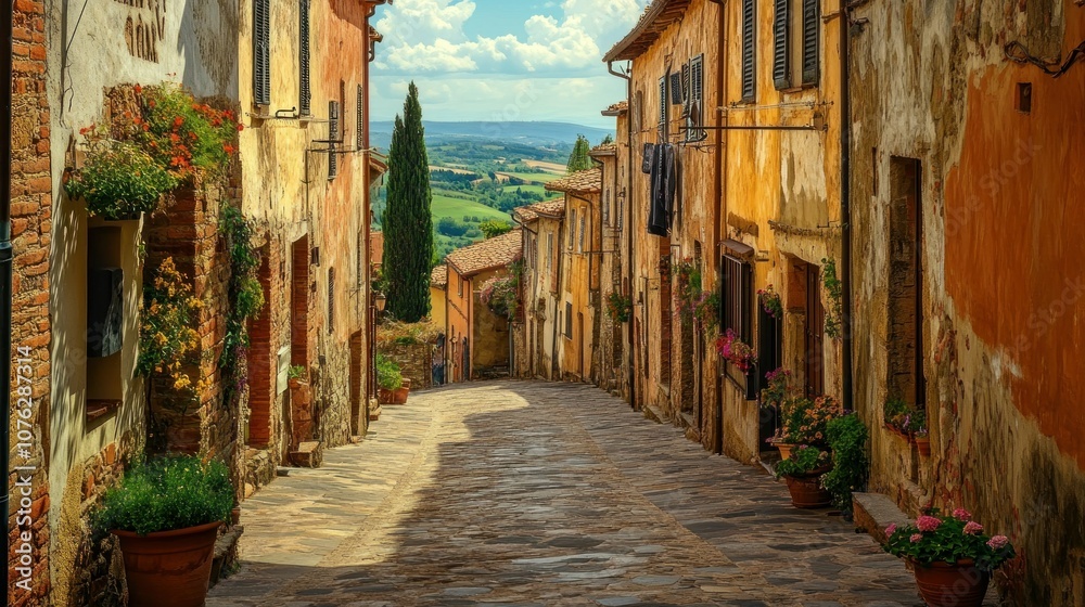 Fototapeta Cobblestone Street in a Picturesque Italian Town
