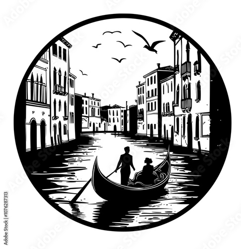 An illustration of a romantic scene in a Venetian gondola with a couple standing in a romantic pose before a bridge.