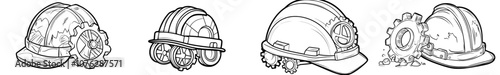 The construction helmet has a black line art Cogwheel icon on it.
