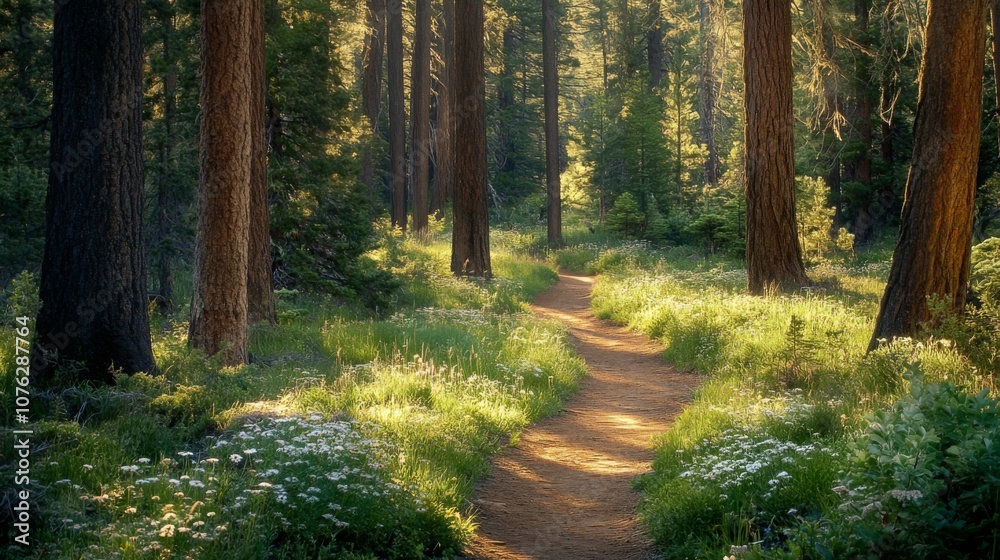 Obraz premium Winding Path Through a Sun-Dappled Forest