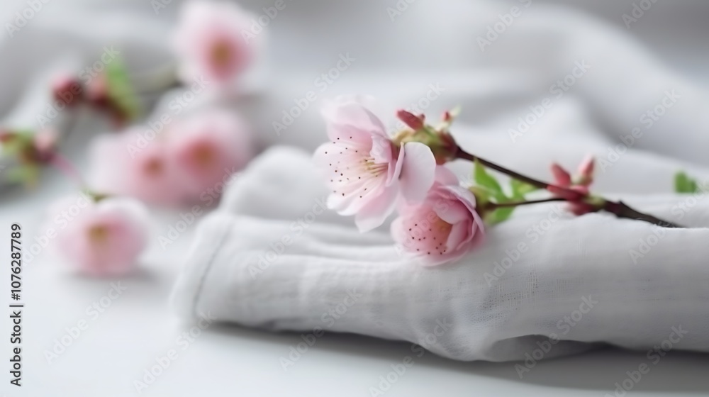 Delicate Pink Flowers Resting on a White Fabric Delicate Pink Flowers Resting on a White Fabric