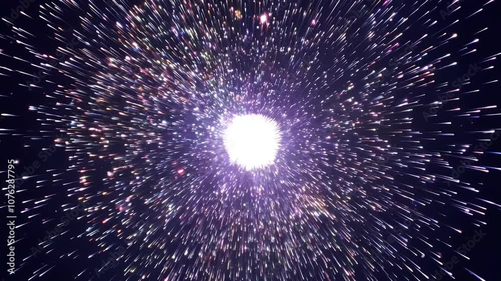 Particles exploding in every direction from a single source, forming a dramatic burst.