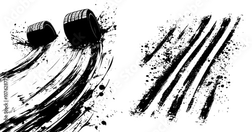 Tread marks, isolated wheel textures, tire marks - drift, rally, races, motocross. Modern grunge isolated texture with splashes. Monochromatic black tread prints.
