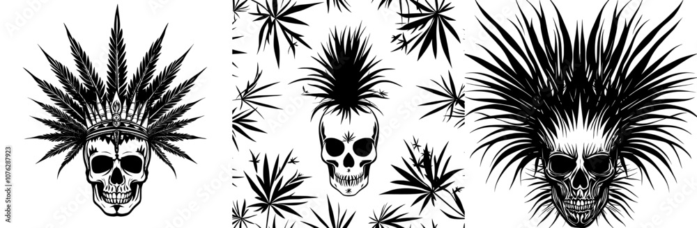 An iconic skull with a cannabis icon, skullweed emblems, and skulls. An iconic skull with a cannabis icon, skullweed emblems, and skulls.