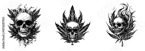 In this skullscape, cannabis leaves are the modern symbol of cannabis while the budskull is the modern skull with the cannabis leaf emblem.