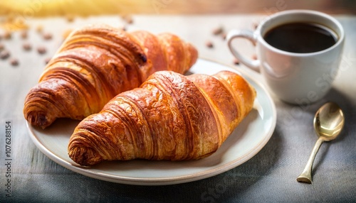 breakfast with cup of coffee and croissants