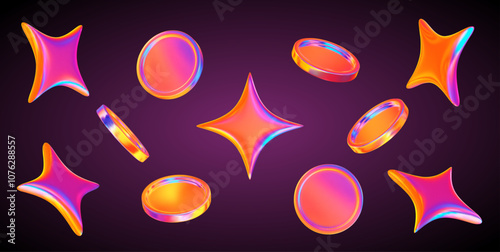 3d neon or holographic sparkle stars and coin set. Stock vector illustration on dark isolated background.