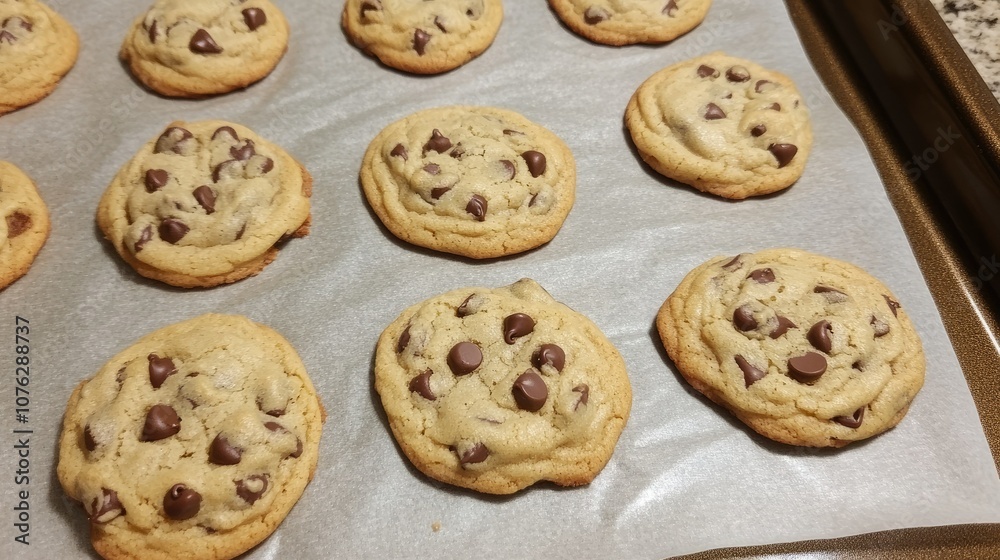 Freshly Baked Chocolate Chip Cookies on a Baking Sheet, Still Warm and Soft, Ideal Treat for Parties, Gatherings, and Dessert Lovers, Tempting Sweet Delicacies. Freshly Baked Chocolate Chip Cookies on a Baking Sheet, Still Warm and Soft, Ideal Treat for Parties, Gatherings, and Dessert Lovers, Tempting Sweet Delicacies.