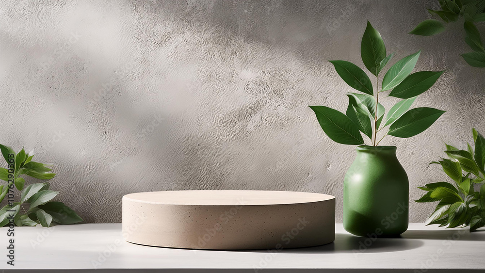 This mock up features a neutral sustainable natural brand product showcase template, a concrete texture wall with a podium stage in the background, a green glass vase with plants, and a neutral This mock up features a neutral sustainable natural brand product showcase template, a concrete texture wall with a podium stage in the background, a green glass vase with plants, and a neutral