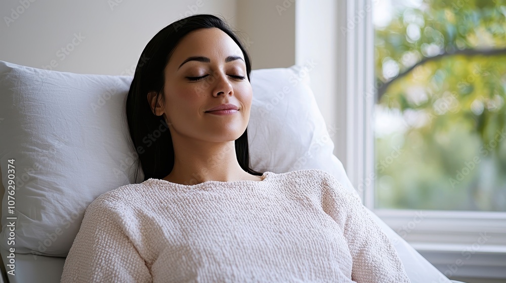 Relaxed Woman Resting In Hospital Bed Near Window Relaxed Woman Resting In Hospital Bed Near Window