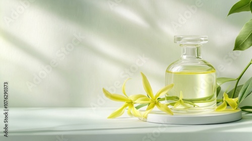 A glass bottle on a display stand, several ylang-ylang flowers on a white background, light green lining, high quality, commercial photography, 