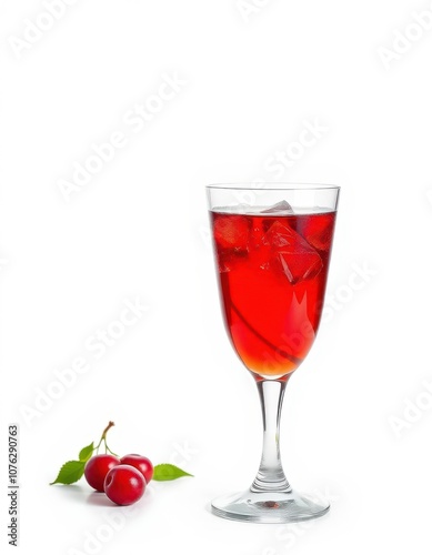 A glass of cherry juice with ice cubes sits on a white surface, next to three fresh cherries with leaves