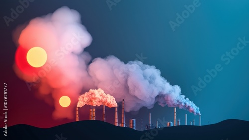 A surreal landscape featuring smokestacks emitting colorful smoke against a dramatic sky with large suns, highlighting themes of industrialization and environmental impact. photo