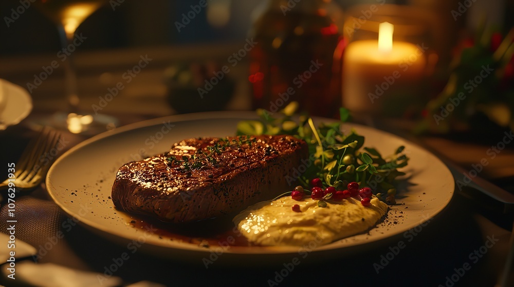 A mouthwatering ribeye steak rests on the plate, showcasing a perfectly seared exterior that conceals a succulent and tender interior. A mouthwatering ribeye steak rests on the plate, showcasing a perfectly seared exterior that conceals a succulent and tender interior.