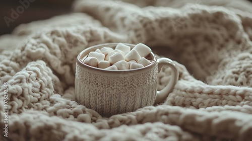 A Cozy Cup of Hot Chocolate with Marshmallows on a Knit Blanket photo