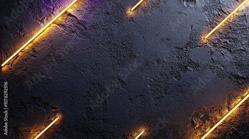 Rough gray cement surface illuminated by neon accents in gold and midnight purple, casting subtle shadows and giving a luxurious tone to the dark background,