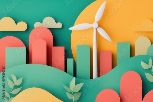 A colorful, abstract paper art design depicting a skyline, wind turbine, and rolling hills, symbolizing sustainability and eco-friendliness.