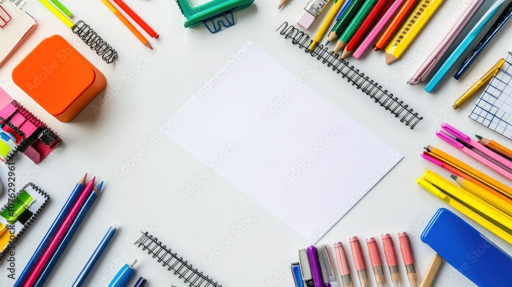 Colorful Stationery Arrangement on a White Background Featuring Pens, Pencils, Notebooks, and Various Office Supplies for Creative Projects and Studies Colorful Stationery Arrangement on a White Background Featuring Pens, Pencils, Notebooks, and Various Office Supplies for Creative Projects and Studies
