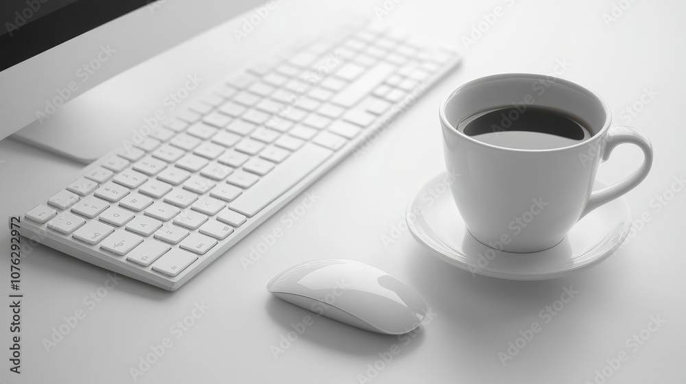 Modern workspace scene featuring a minimalist keyboard, a sleek mouse, and a steaming cup of coffee on a pristine white table against a bright background. Modern workspace scene featuring a minimalist keyboard, a sleek mouse, and a steaming cup of coffee on a pristine white table against a bright background.