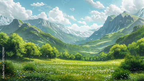 Tranquil Mountain Landscape With Lush Greenery Under Blue Skies