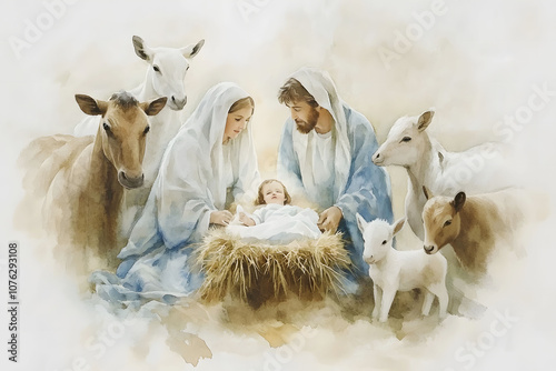 Watercolor Christmas nativity scene illustration